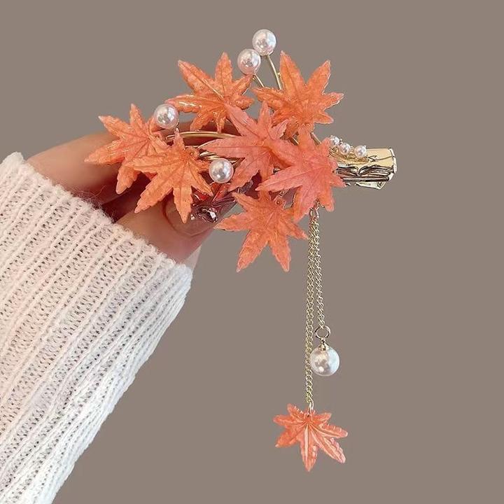 枫叶流苏侧边夹女珍珠发卡马尾夹简约气质金属鸭嘴夹仙美高级感