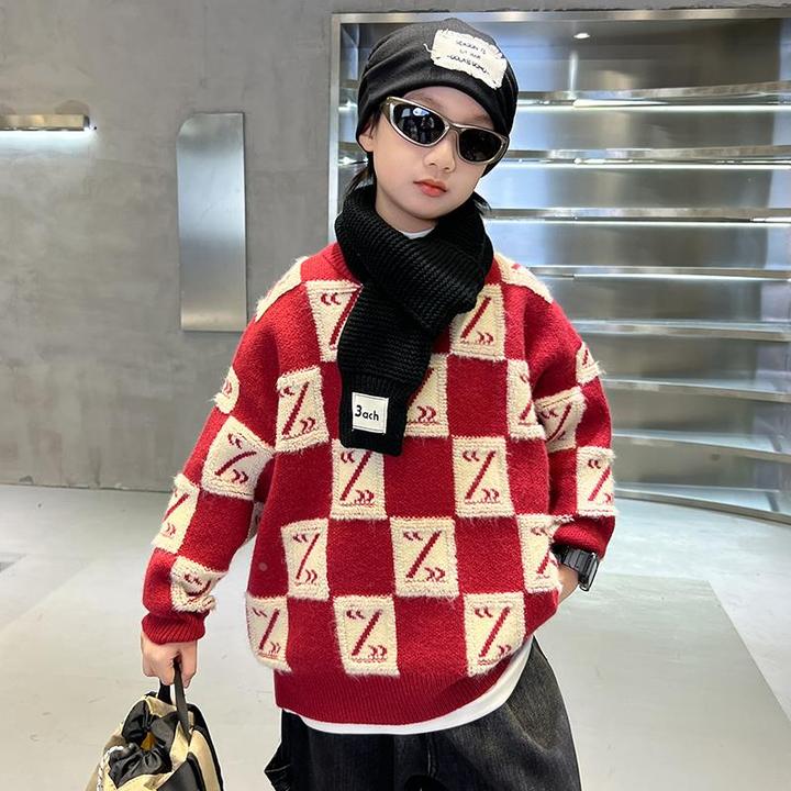 男童红色毛衣加厚冬季中大童2024新款儿童冬装男孩保暖针织衫线衣