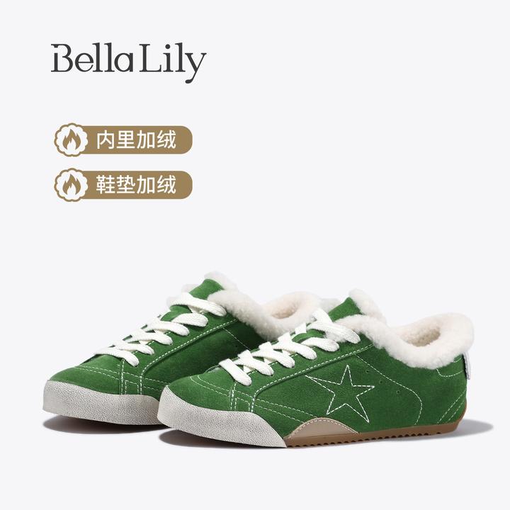 BellaLily2025冬季新款街头风加绒休闲板鞋做旧星星低帮鞋牛皮鞋