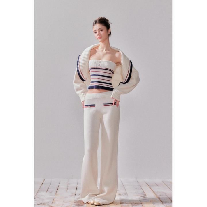 慵懒设计感小香风翻领针织开衫纯欲休闲条纹抹胸背心宽松百搭裤子