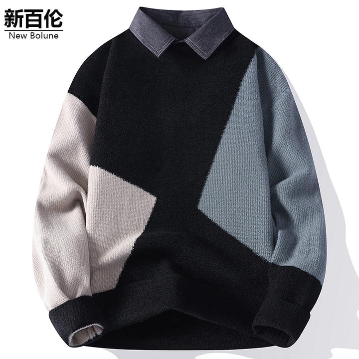新百伦/NEW BOLUNE秋冬新款针织毛衣男休闲百搭加绒宽松撞色上衣