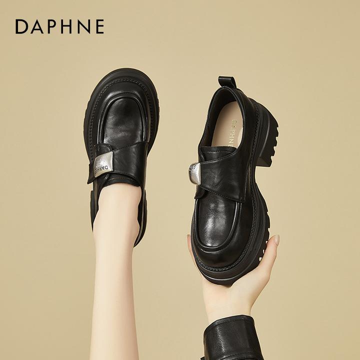 达芙妮乐福鞋女2025新款春秋英伦风厚底单鞋魔术贴黑色软底小皮鞋