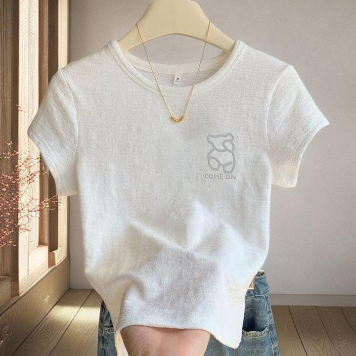 短袖简约高腰薄款T恤女2025夏季新款竹节棉白色短款圆领大码上衣