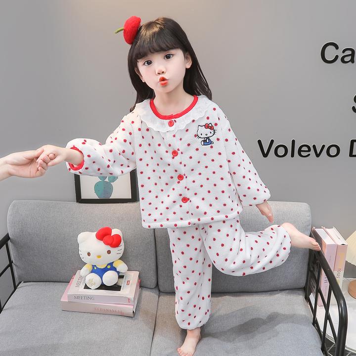 女童法兰绒睡衣秋冬季2025新款儿童宝宝加绒珊瑚绒家居服开衫套装