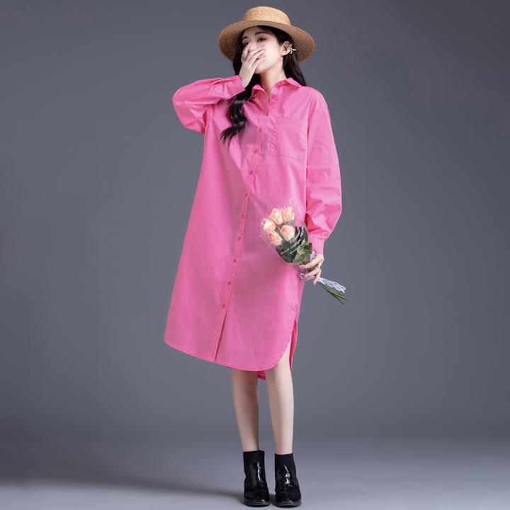 衬衫连衣裙女中长款2025新款早春季时尚显瘦休闲玫长袖衬衣长裙
