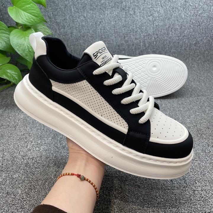 韩版打孔透气小白鞋潮流板鞋时尚百搭休闲鞋厚底男士真皮低帮潮鞋