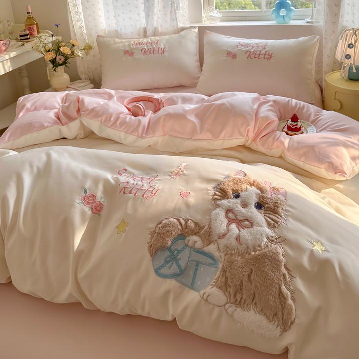 卡通风冰丝床上四件套夏天丝滑裸睡床单夏凉被套罩床品三件套床笠