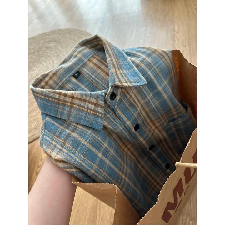 蓝黄格子衬衫男女同款秋季高级感长袖衬衣cleanfit宽松休闲外套