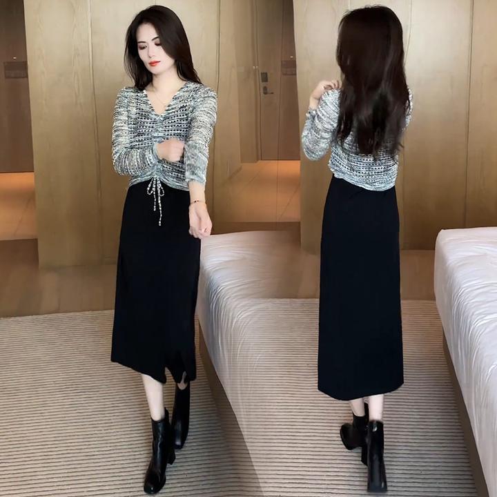 时尚洋气套装裙女2025早秋新款慵懒风镂空针织衫吊带连衣裙两件套