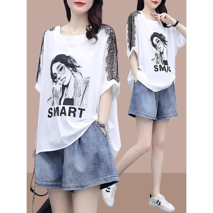 2025夏新款宽松遮肉显瘦时尚套装女休闲牛仔短裤短袖t恤洋气两件