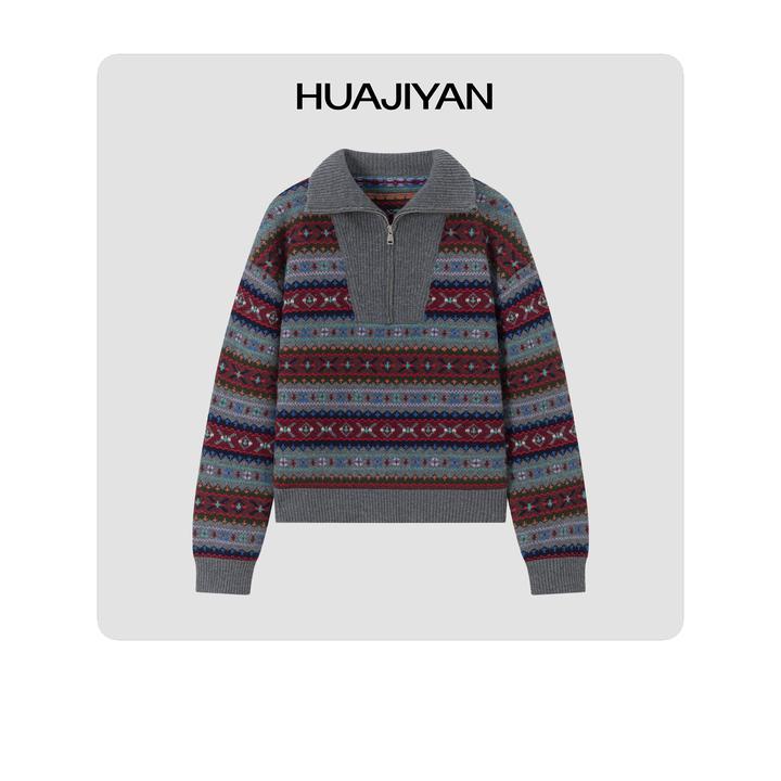 华吉言/HUAJIYAN 100羊毛半拉链翻领特种织花百搭毛衣