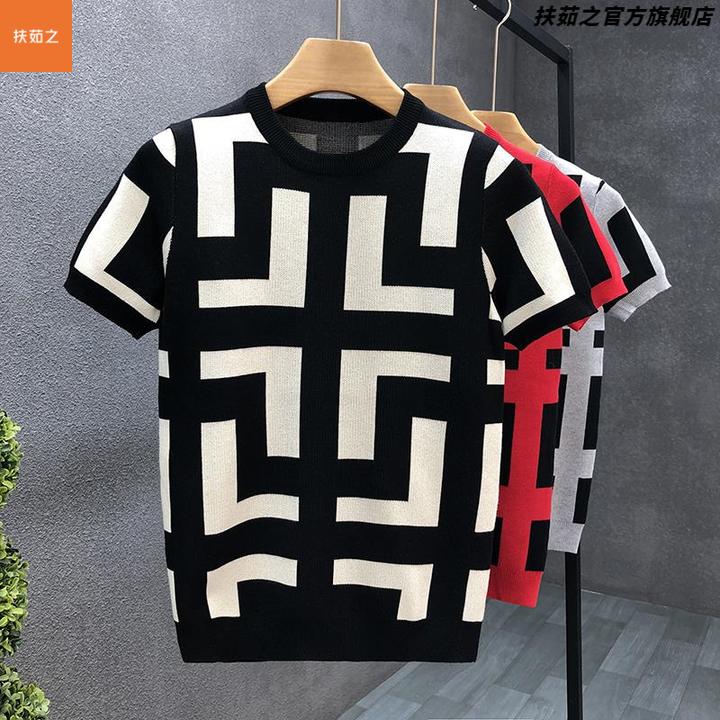 高品质冬季短袖针织衫男款潮牌修身内搭半袖秋装上衣男士冬季毛衣