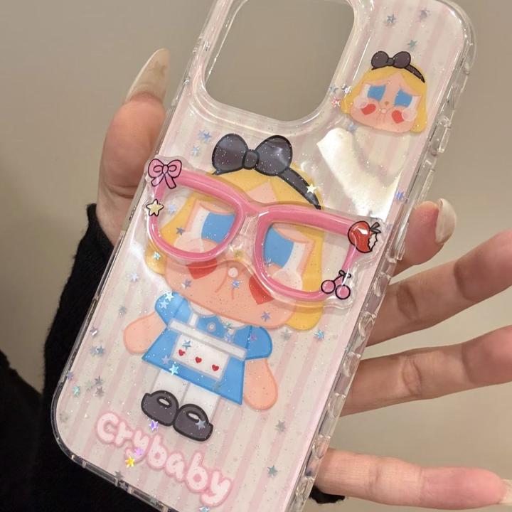ins闪粉竖条纹哭包娃眼镜适用iPhone16手机壳苹果15/14promax韩13