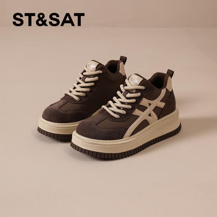 星期六棕色运动板鞋女款2025新款秋冬小个子棉鞋拼接增高休闲女鞋