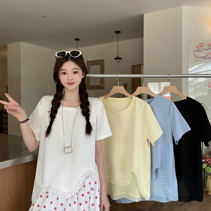 2025夏装新款胖mm大码女波浪木耳边不对称短袖T恤上衣21767