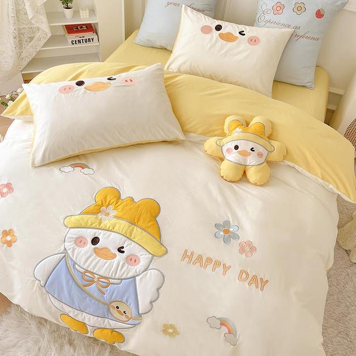 卡通小清新贴布绣纯棉四件套全棉儿童床上用品女孩床单被套三件套