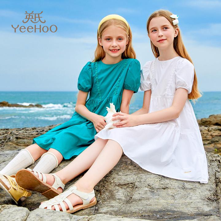 英氏【显白显瘦泡泡袖裙子】贝加尔湖水蓝绿夏季女童连衣裙女童裙子