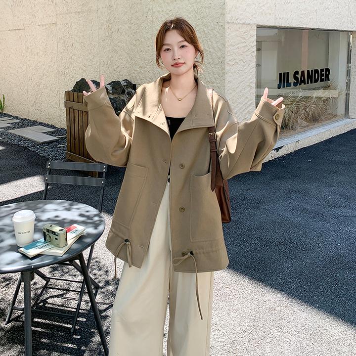 卡其色韩版洋气休闲风中长款外套女秋季2025年新款小个子显瘦夹克