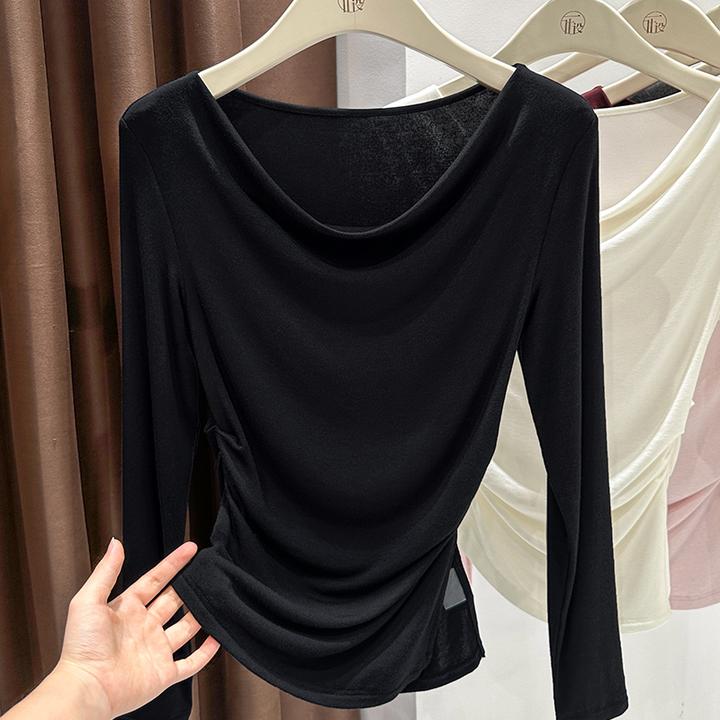 2025早秋新款气质荡领正肩褶皱修身T恤时髦打底衫黑色针织上衣女