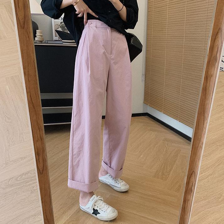 简约超态粉色直筒裤女夏季新款日系宽松显瘦纯色高腰百搭哈伦裤子