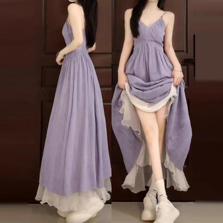 4687法式紫色无袖吊带连衣裙子女夏季2025新款海边度假沙滩长裙