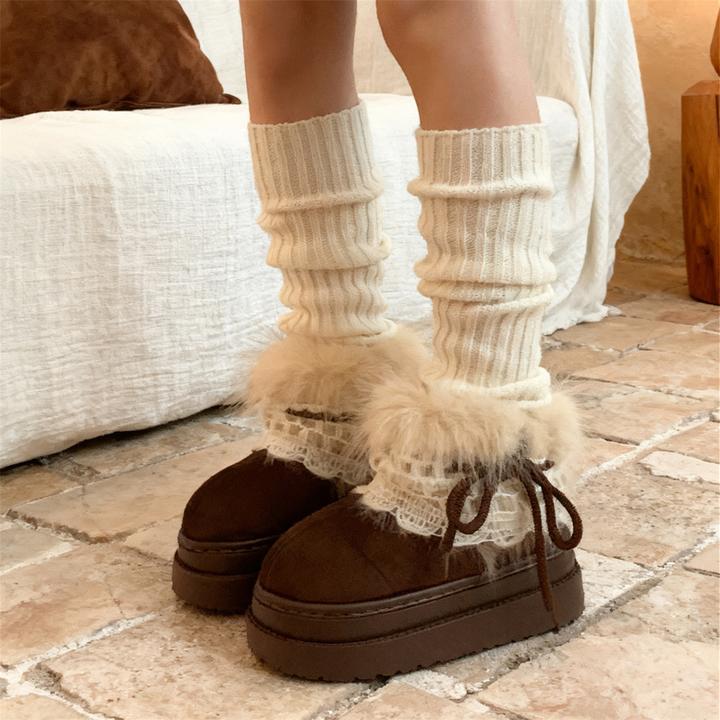 细细条 ins毛绒保暖软底防滑短靴子女厚底增高费尔岛雪地靴棉鞋冬
