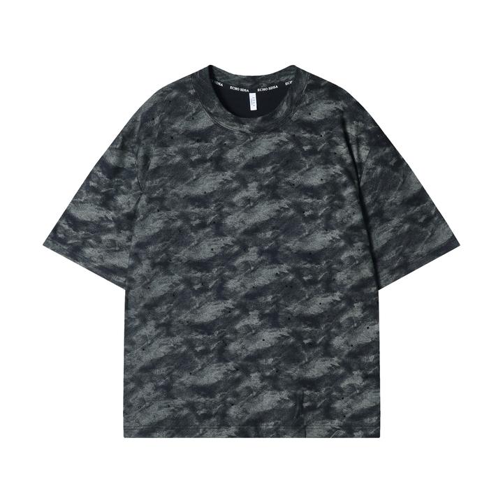 早春新款时尚个性韩版扎染晕染烫钻圆领短袖T恤休闲潮流套头上衣