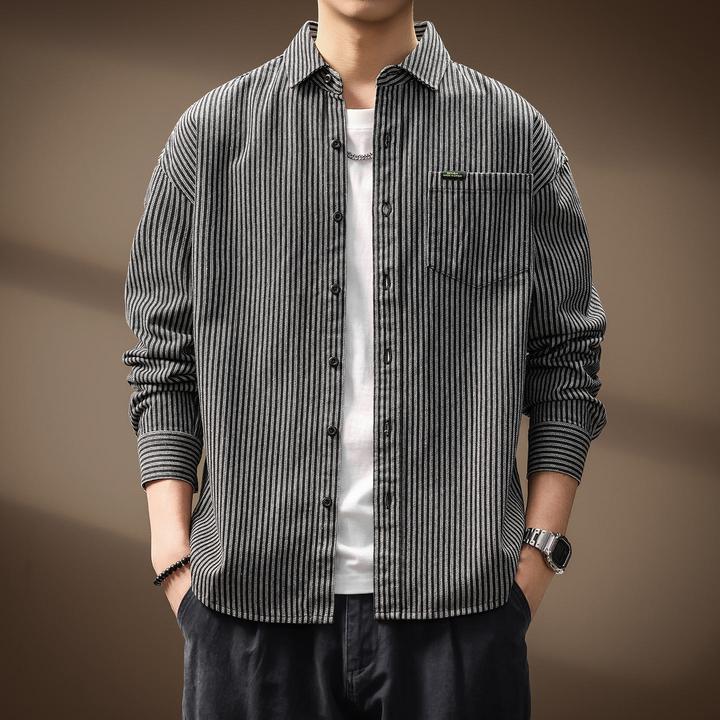 MR.MUDI/穆迪先生高端美式水洗条纹男士长袖衬衫秋季新款宽松外套