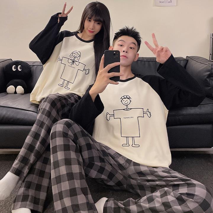 情侣睡衣长袖长裤春秋季2025年新款宽松可外穿一男一女家居服套装