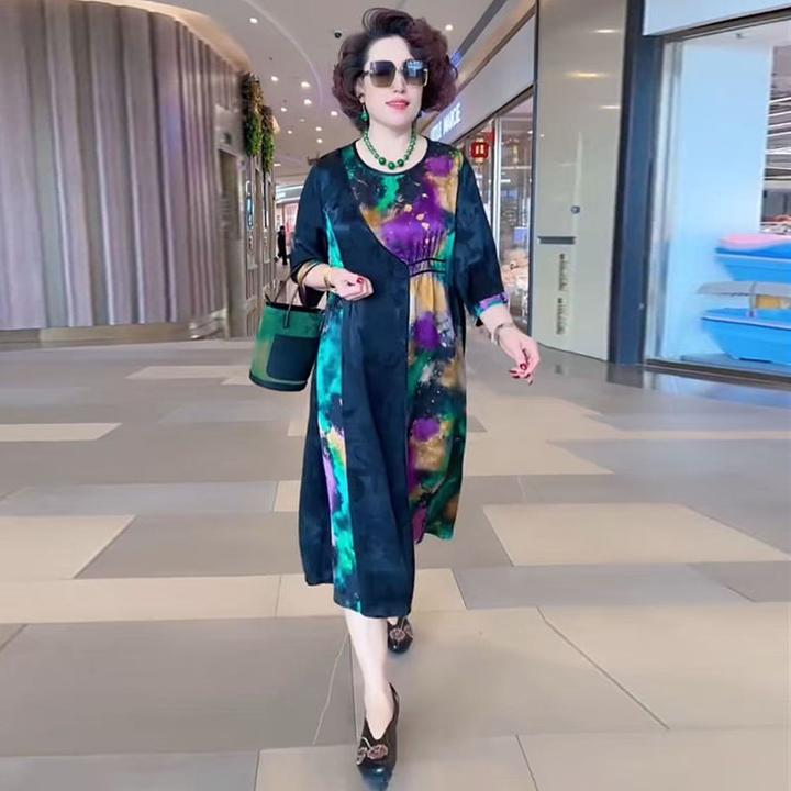 H夏季舒适欧货高端妈妈装拼接真丝连衣裙时尚宽松遮肉大码减龄裙
