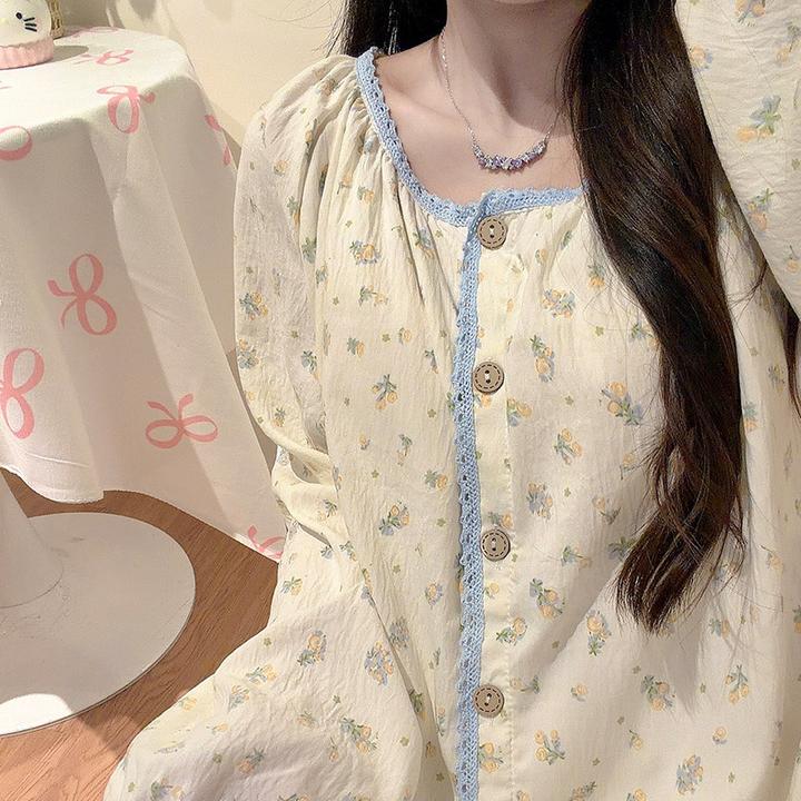 章若楠同款小碎花睡衣女生带胸垫春秋季泡泡棉长袖薄款家居服套装