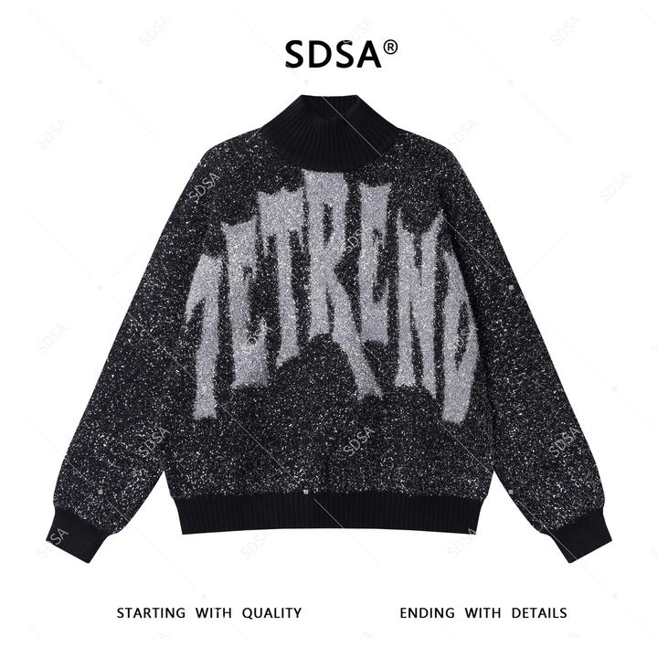 SDSA秋冬新款男士痞帅美式半高领字母亮闪闪毛衣撞色针织上衣百搭