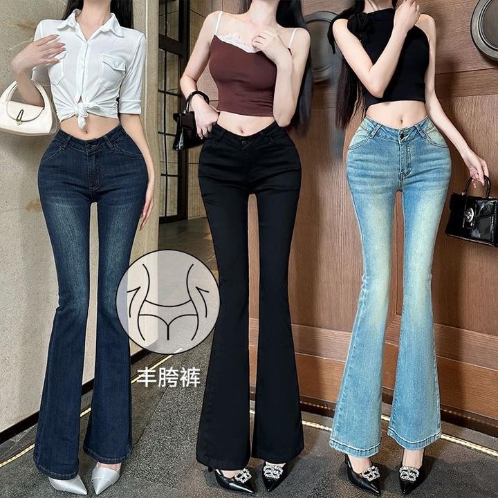 【大千金】新款V腰带丰胯垫腰臀微喇叭裤牛仔裤纯欲女多色结合