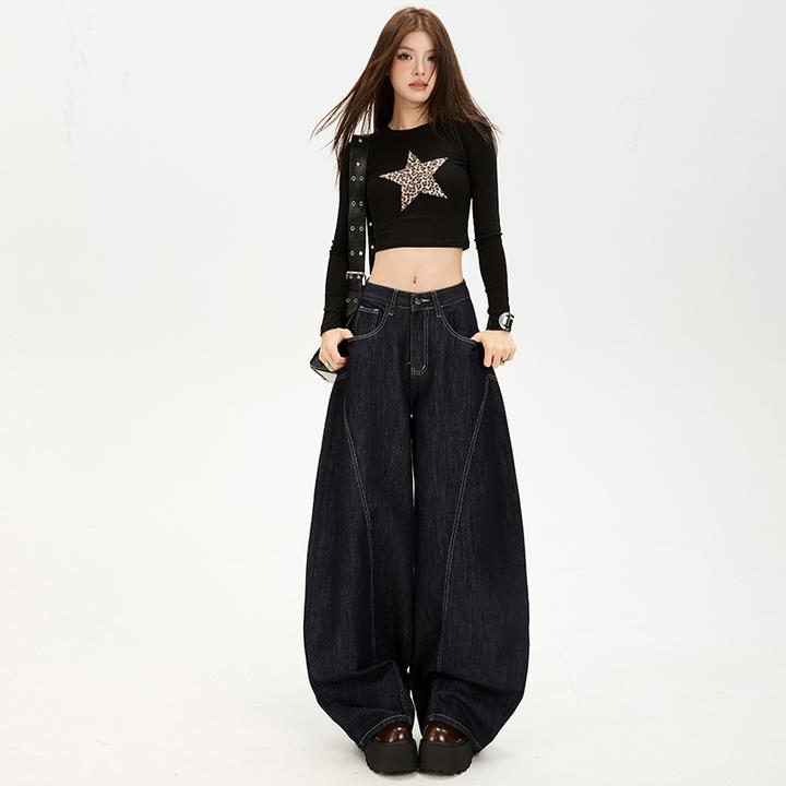 早秋新款丹宁蓝美式复古新款弯刀牛仔裤女高腰宽松显瘦阔腿裤