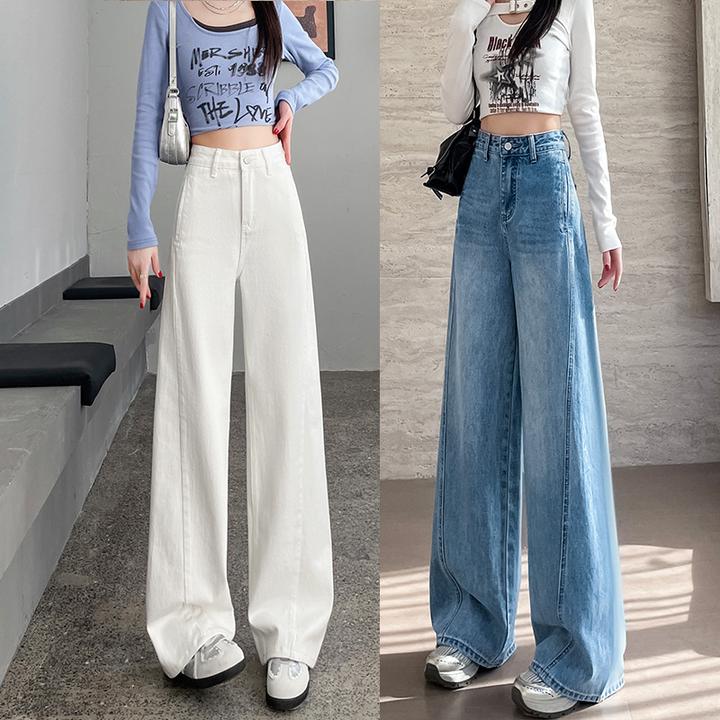 米白拼接牛仔裤阔腿裤白色女春秋季新款阔腿时尚潮流百搭直筒裤子