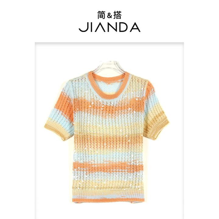 简&搭【千屿Sheila】亮片镂空渐变T恤252-TX/0408-2517