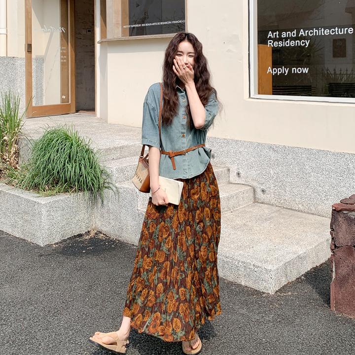 复古美拉德套装裙夏季女2025新款氛围感文艺范牛仔衬衫印花半身裙