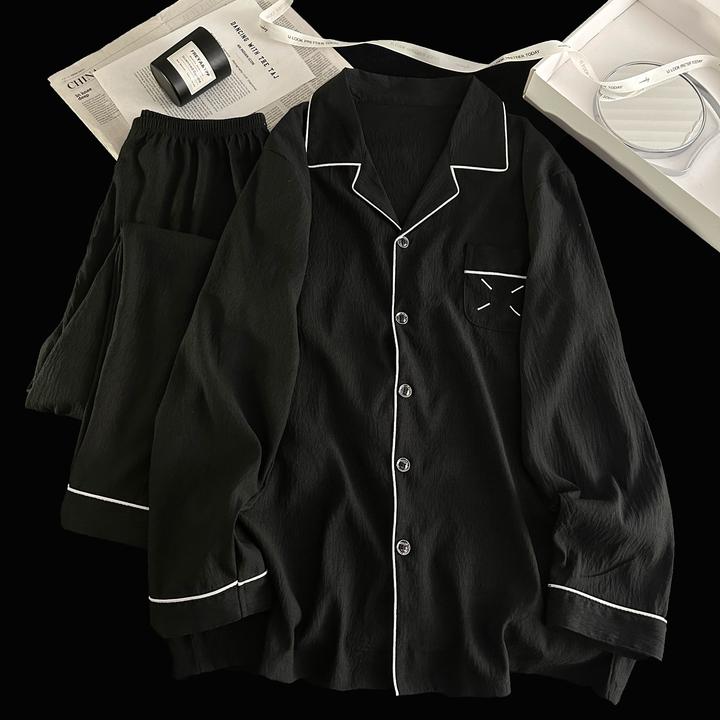 2025新款春秋款睡衣男士黑色长袖长裤家居服宽松可外穿休闲套装