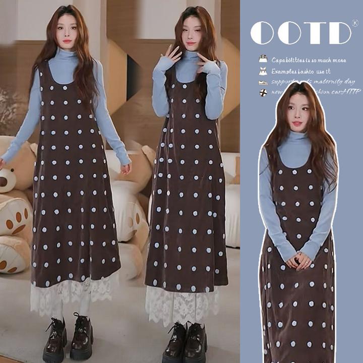 孕妇秋冬装套装2026新款咖色加厚波点连衣裙女休闲宽松气质背心裙