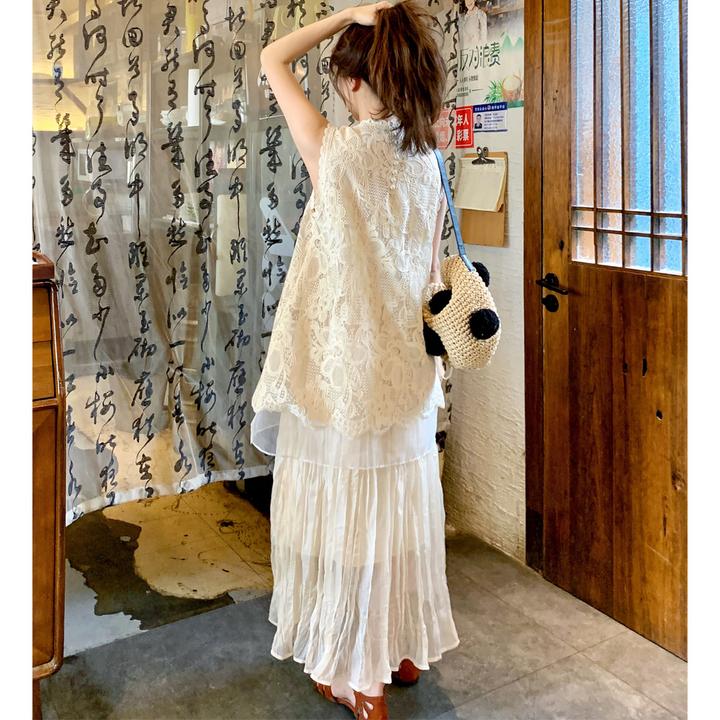 法式蕾丝拼接假两件连衣裙女25夏款高级感气质显瘦无袖背心长裙子