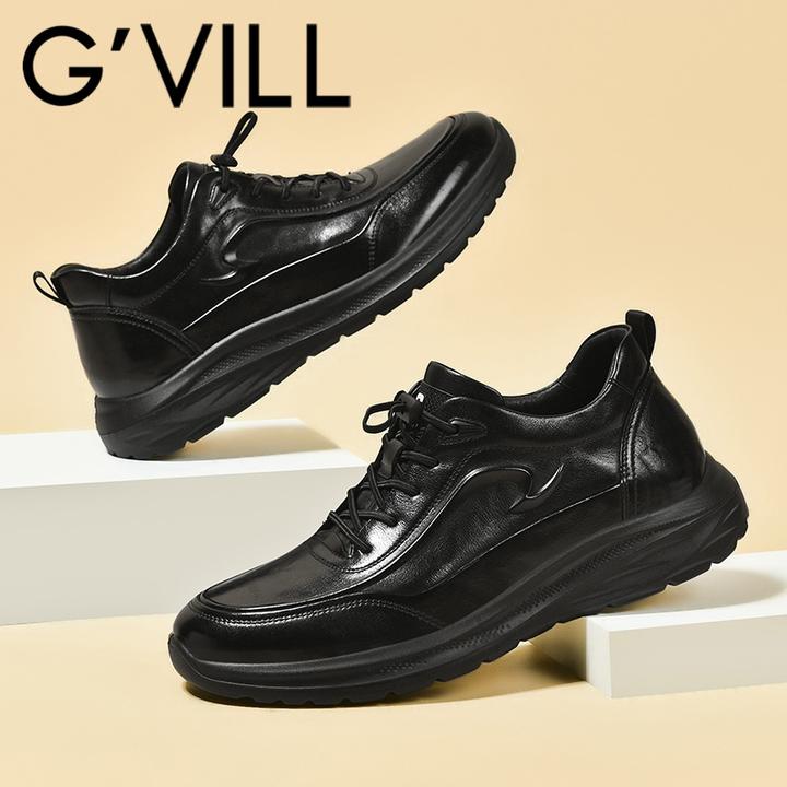 G-vill/贵之步头层牛皮休闲皮鞋松紧带商务百搭通勤亮面皮鞋