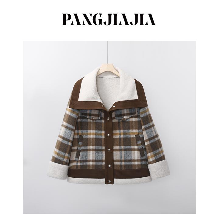 【胖佳佳】摩登格纹 冬季加绒加厚撞色翻领羔毛外套女H625Z18772