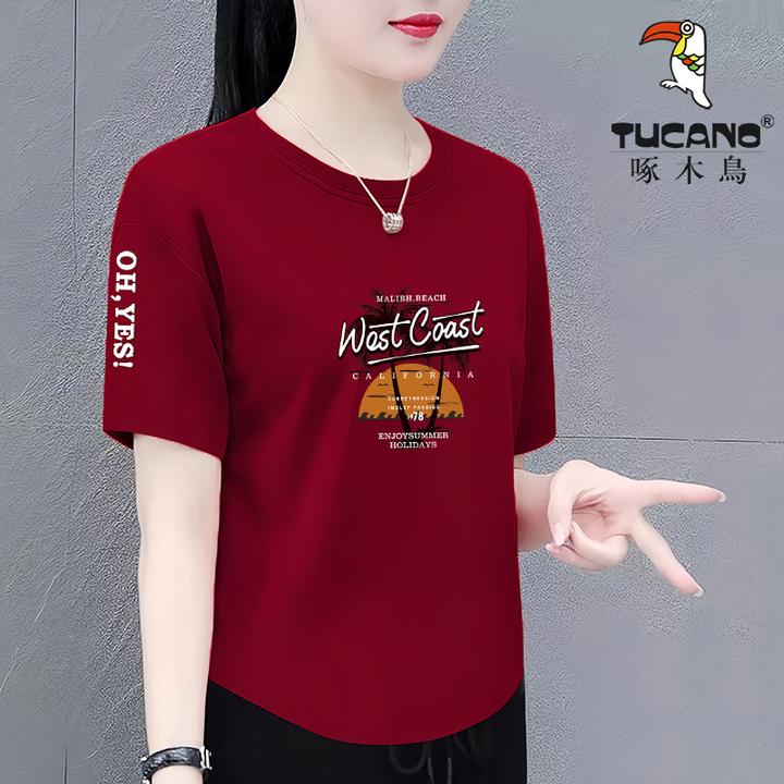 啄木鸟纯棉短袖t恤女2025新款夏季宽松显瘦百搭正肩体恤休闲上衣