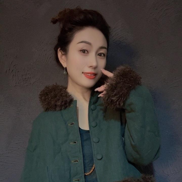 原创新款咖花毛毛翻领拼墨绿色亚麻两面穿短棉衣【定制款】