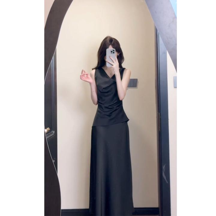 2025夏季新款绝美高级感气质缎面荡领无袖上衣长款半身裙时尚套装