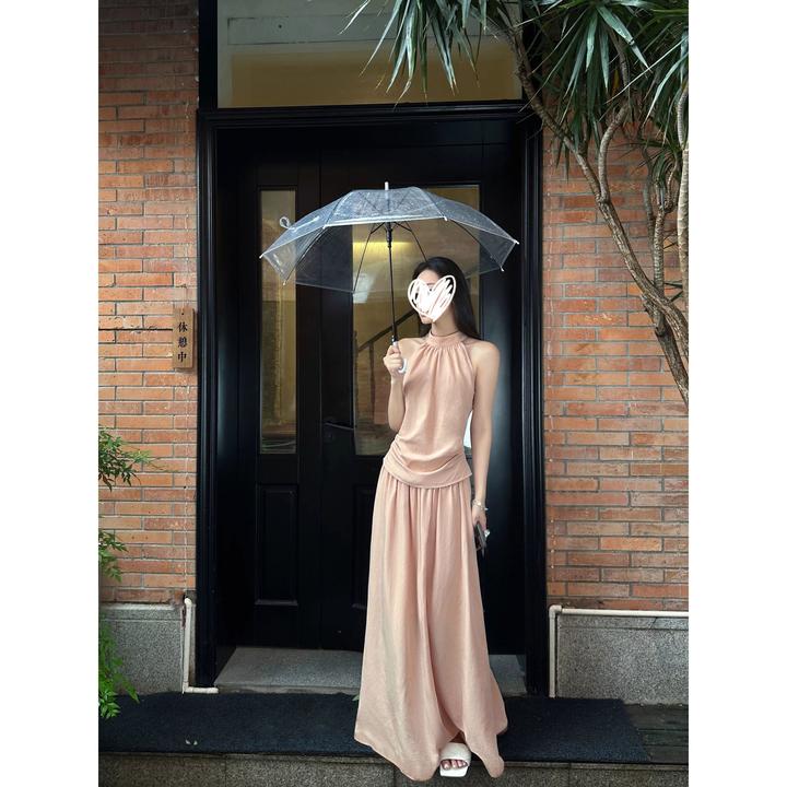 雾粉淡人天菜高领收褶半身裙套装高级感舒适背心长裙两件套夏季