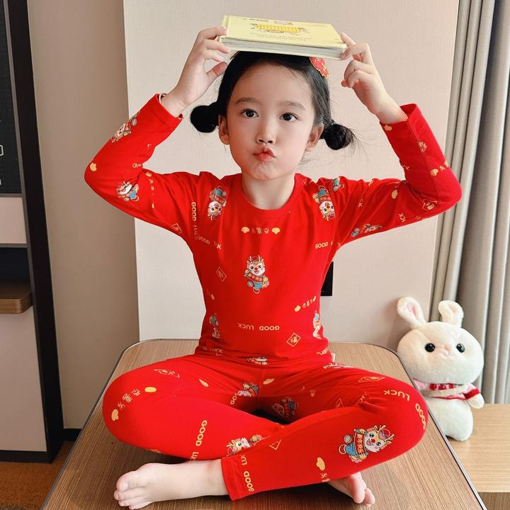 儿童新年贺岁纯棉红色套装本命年中大童无骨龙年秋衣秋裤打底睡衣