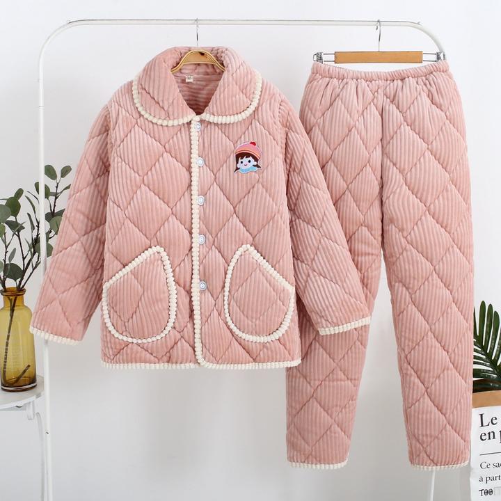 冬季妈妈睡衣女中长款半边绒保暖三层夹棉秋冬天法兰绒加厚加绒款