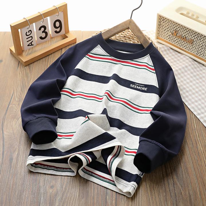男童条纹长袖T恤春秋新款儿童韩版拼接打底衫中大童男孩上衣4977