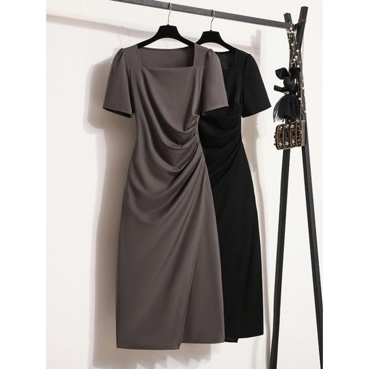 法式气质方领短袖连衣裙夏季大码胖mm褶皱收腰显瘦遮肉开叉连衣裙